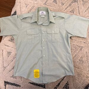 DSCP Garrison Men's Button-Up Vtg Short Sleeve Green Pockets 17.5 Inch Neck